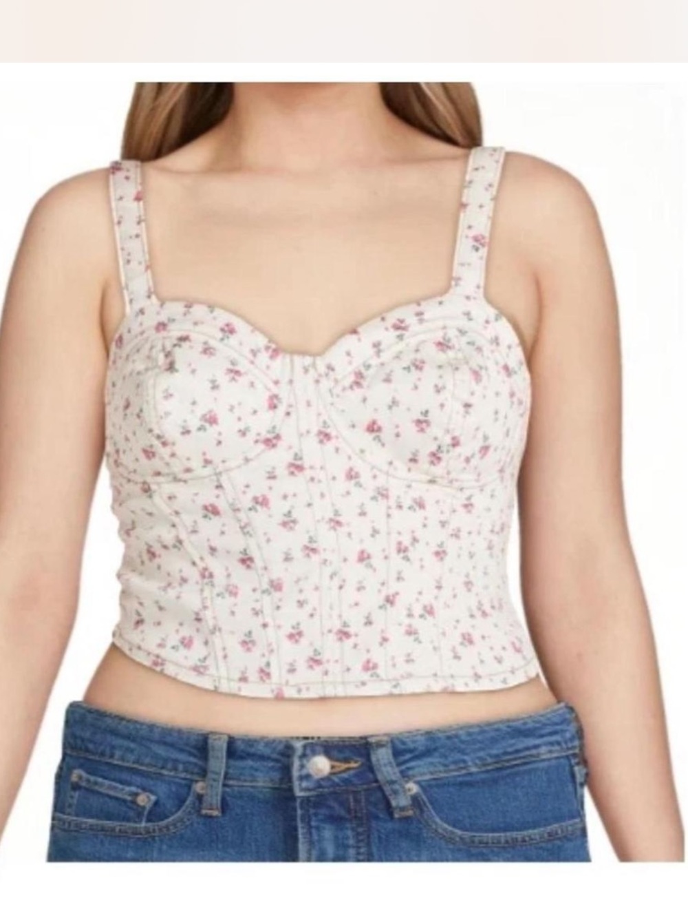 No Boundaries Juniors' Denim Corset Top in Ivory Pink Floral juniors size small